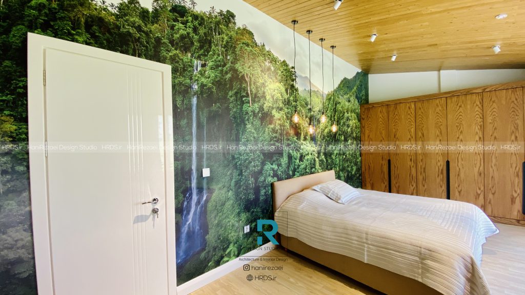 اتاق خواب ویلا با پوستر جنگل